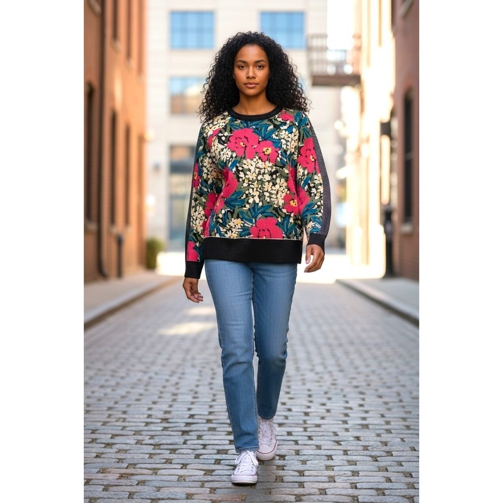 (I-241) Nicole by Nicole Miller Floral Knit Sweater Top Women Small QVC New Mult